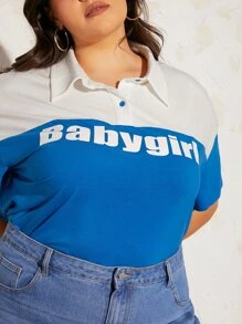 SHEIN CURVE+ Plus Letter Graphic Drop Shoulder Polo Tee - Blue - View 8