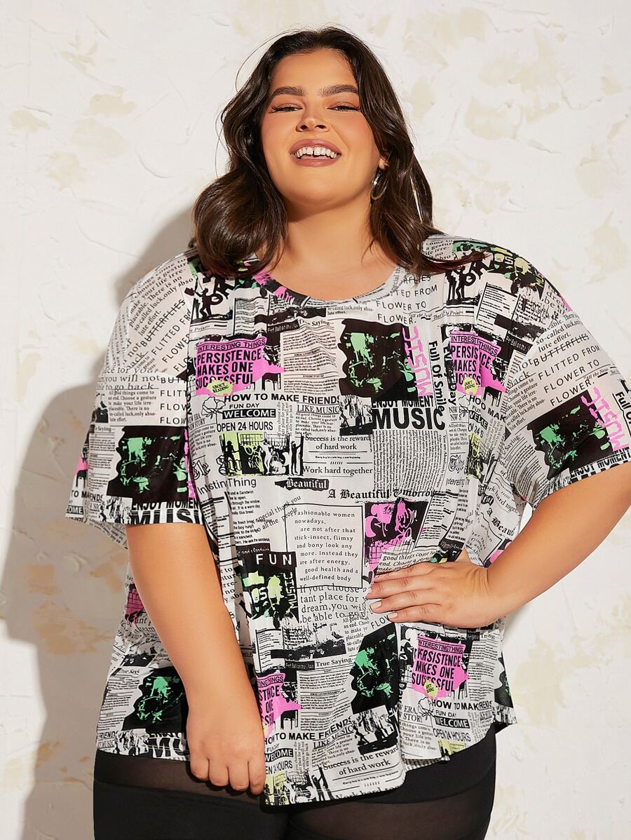 SHEIN CURVE+ Plus Newspaper Print Drop Shoulder Tee - Multicolor - View 1