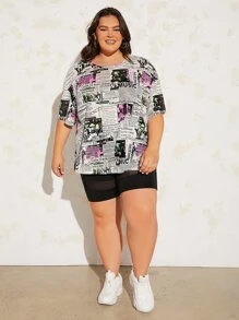 SHEIN CURVE+ Plus Newspaper Print Drop Shoulder Tee - Multicolor - View 5