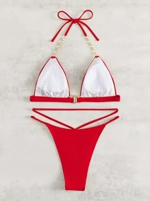 SHEIN Swim Summer Beach Fake Gem Decor Bikini Set Halter Micro Triangle Bra & Thong 2 Piece Bathing Suit - Red - View 2