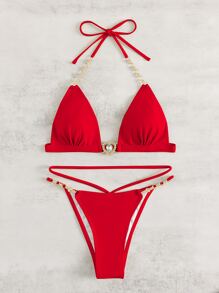 SHEIN Swim Summer Beach Fake Gem Decor Bikini Set Halter Micro Triangle Bra & Thong 2 Piece Bathing Suit - Red - View 5