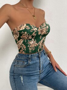 SHEIN Privé Floral Print Lace Up Crop Tube Top - Dark Green - View 4