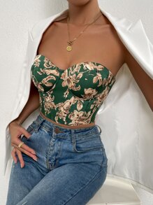 SHEIN Privé Floral Print Lace Up Crop Tube Top - Dark Green - View 6
