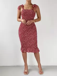 Breezaya Knot Strap Ruffle Hem Shirred Ditsy Floral Cami Dress For New Year Clothes Maxi Women Outfit - Red - View 3