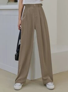 DAZY 高腰褶饰裤，教师裤，女士正装裤 - 卡其色 - 查看 1