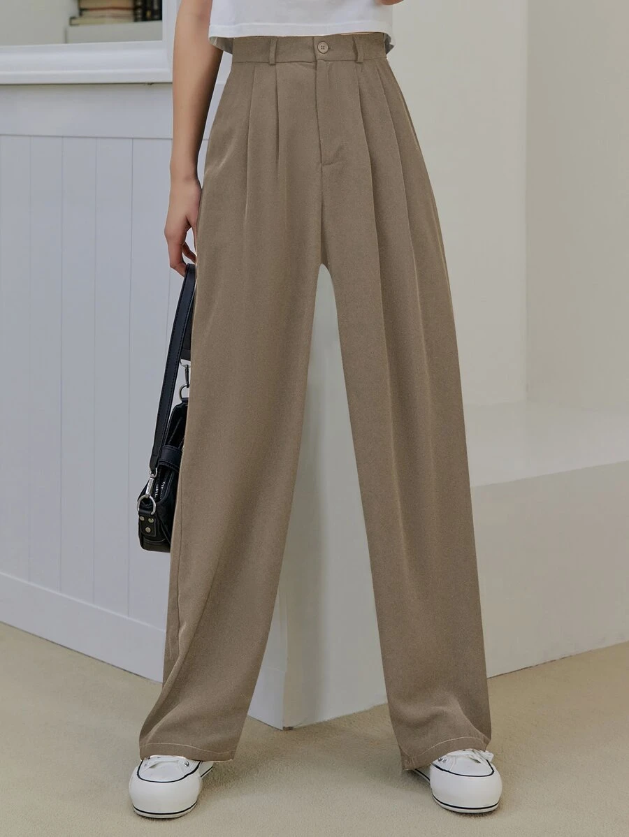 DAZY 高腰褶饰裤，教师裤，女士正装裤 - 卡其色 - 查看 1