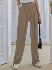 DAZY 高腰褶饰裤，教师裤，女士正装裤 - 卡其色 - 查看 3