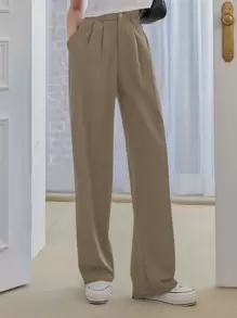 DAZY 高腰褶饰裤，教师裤，女士正装裤 - 卡其色 - 查看 4