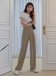 DAZY 高腰褶饰裤，教师裤，女士正装裤 - 卡其色 - 查看 5