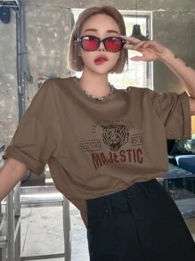 DAZY 字母和老虎印花下垂肩t恤 - 咖啡棕 - 查看 1