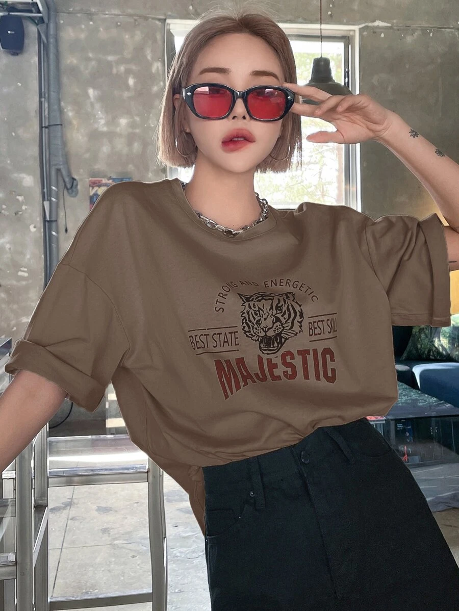 DAZY 字母和老虎印花下垂肩t恤 - 咖啡棕 - 查看 1