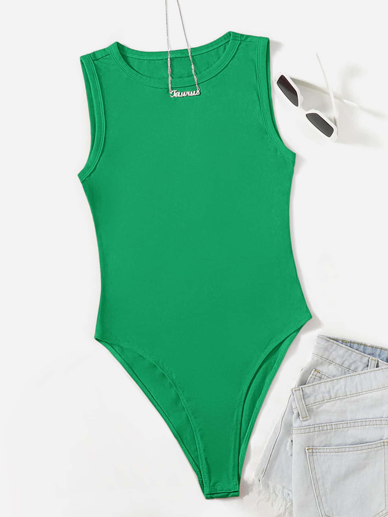 SHEIN EZwear Bộ đồ liền thân bó sát - màu xanh lá - Xem 1