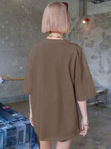 DAZY 字母和老虎印花下垂肩t恤 - 咖啡棕 - 查看 4