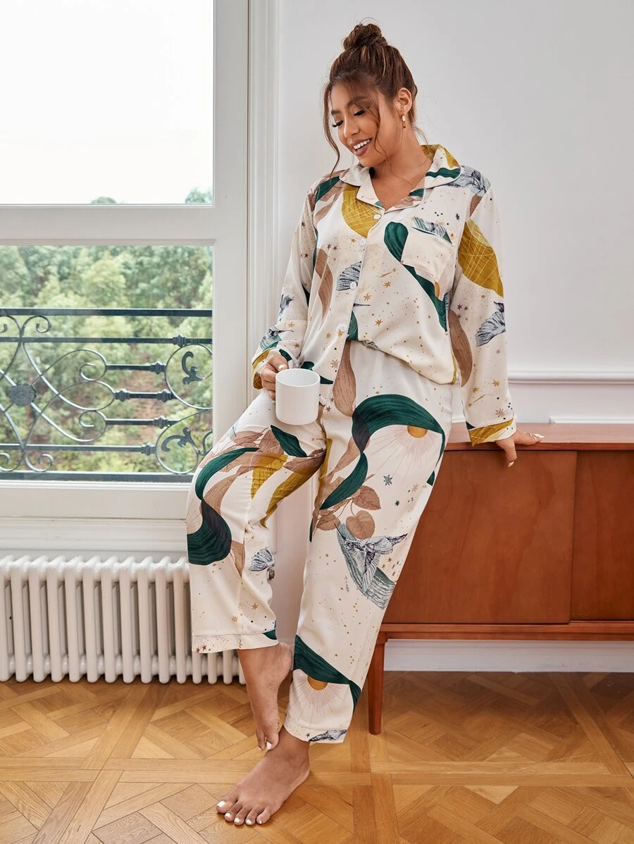 Plus Bird & Plant Print PJ Set / Pajama Set - Beige - View 1