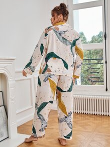 Plus Bird & Plant Print PJ Set / Pajama Set - Beige - View 2