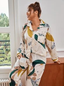 Plus Bird & Plant Print PJ Set / Pajama Set - Beige - View 3