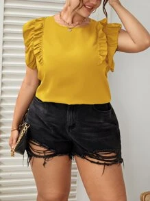 SHEIN VCAY Áo sơ mi Plus Size Nút Xù màu trơn Giải trí - Màu vàng - Xem 1