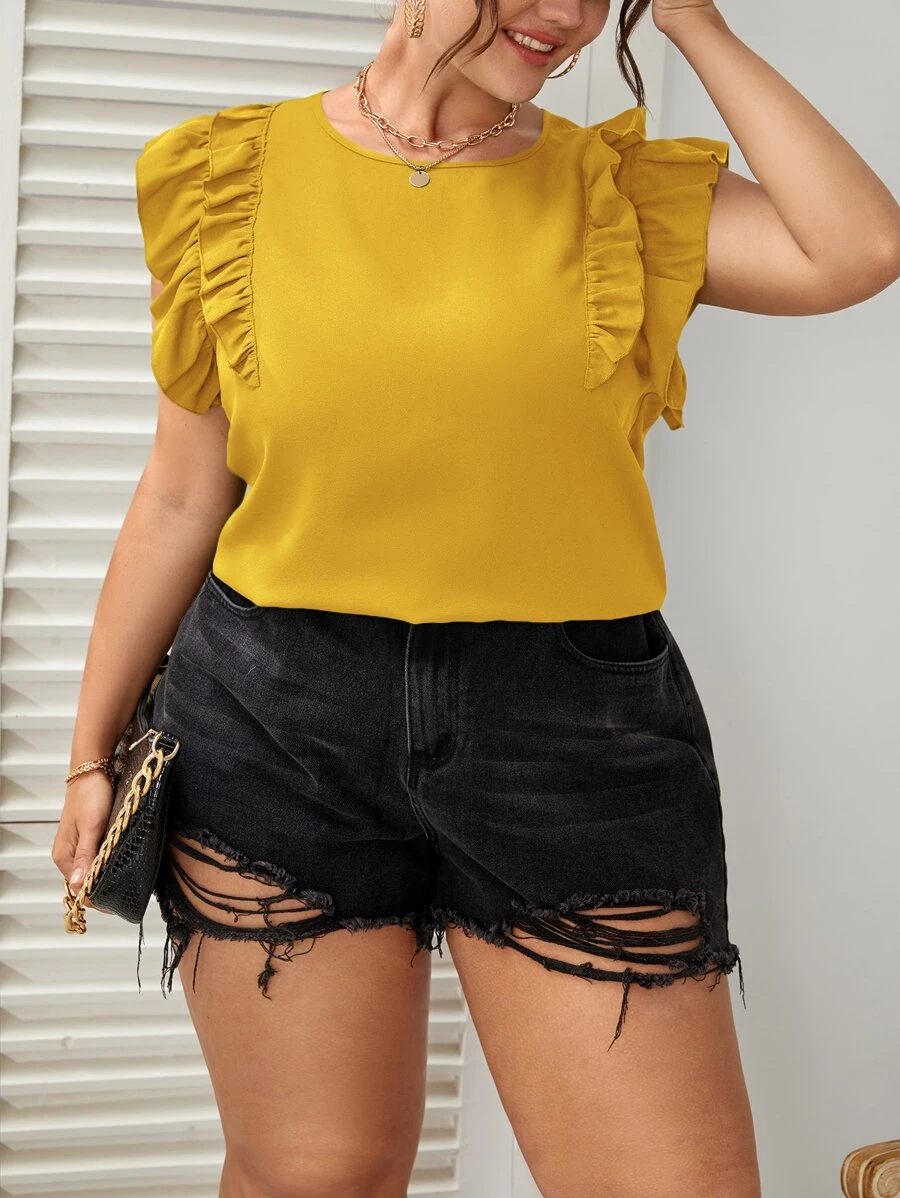 SHEIN VCAY Áo sơ mi Plus Size Nút Xù màu trơn Giải trí - Màu vàng - Xem 1