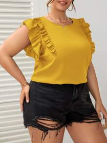 SHEIN VCAY Áo sơ mi Plus Size Nút Xù màu trơn Giải trí - Màu vàng - Xem 5