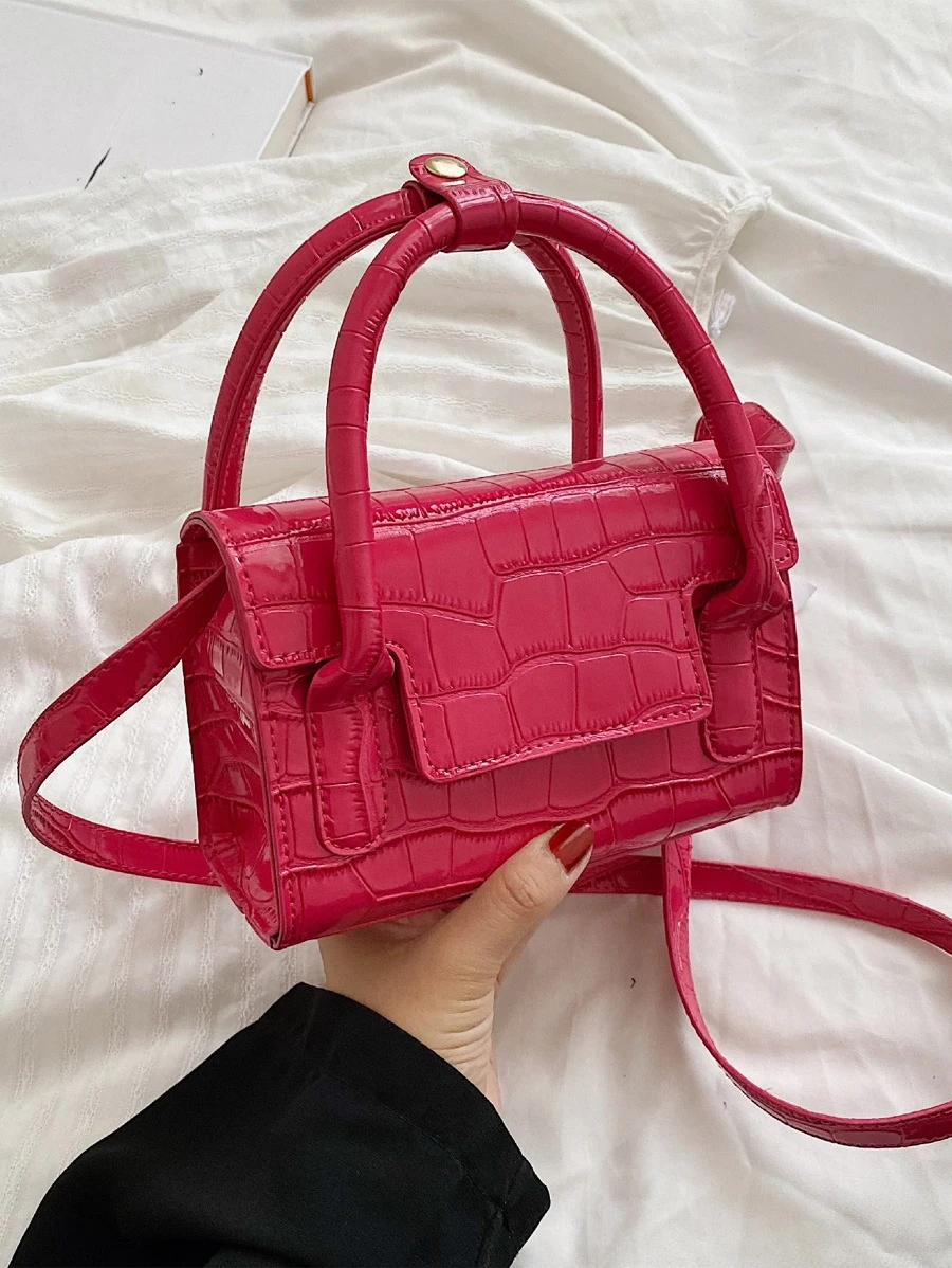 Mini Neon-pink Crocodile Embossed Flap Square Bag - Hot Pink - View 1