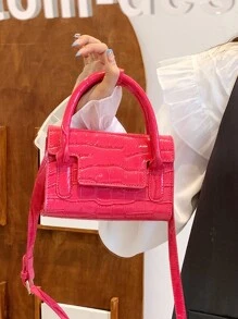 Mini Neon-pink Crocodile Embossed Flap Square Bag - Hot Pink - View 7