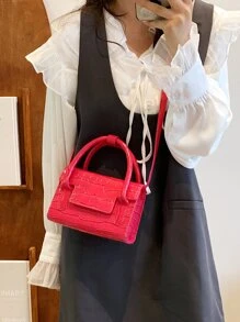 Mini Neon-pink Crocodile Embossed Flap Square Bag - Hot Pink - View 2