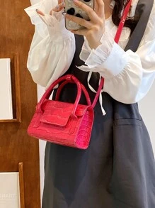 Mini Neon-pink Crocodile Embossed Flap Square Bag - Hot Pink - View 5