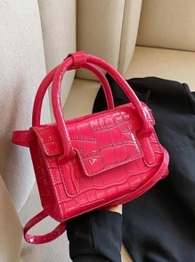 Mini Neon-pink Crocodile Embossed Flap Square Bag - Hot Pink - View 8