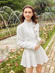 SHEIN Teen Girls Solid Textured 1pc Jacket & 1pc Flare Skirt Set - White - View 1