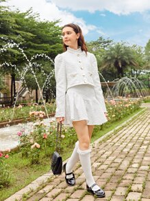 SHEIN Teen Girls Solid Textured 1pc Jacket & 1pc Flare Skirt Set - White - View 3