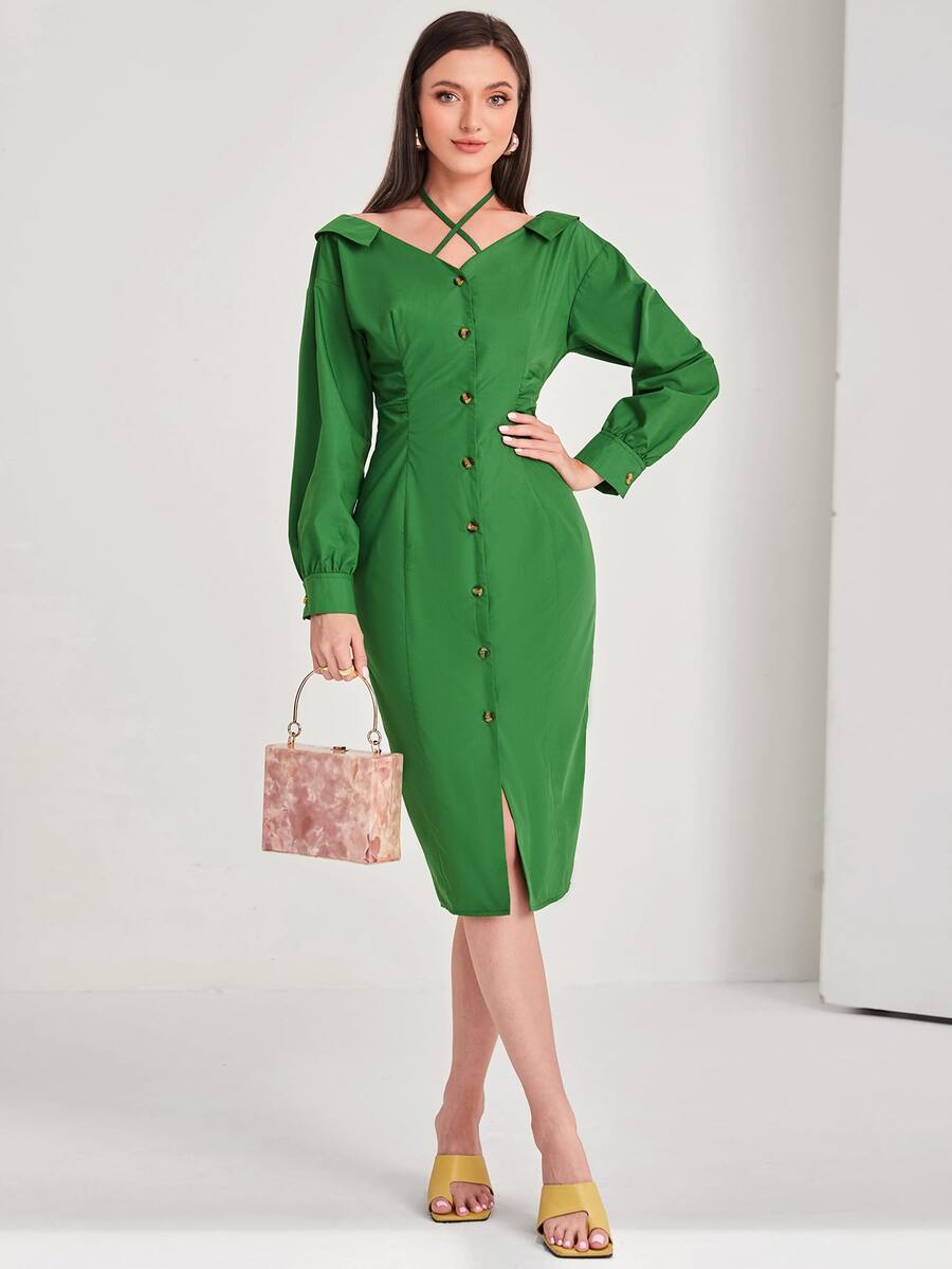Modelyn Crisscross Tie Back Split Hem Dress - Green - View 1