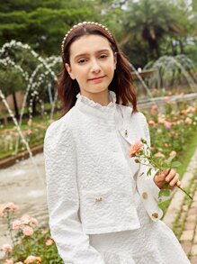 SHEIN Teen Girls Solid Textured 1pc Jacket & 1pc Flare Skirt Set - White - View 6