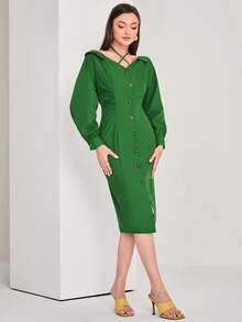 Modelyn Crisscross Tie Back Split Hem Dress - Green - View 4