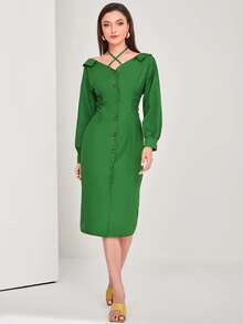 Modelyn Crisscross Tie Back Split Hem Dress - Green - View 5