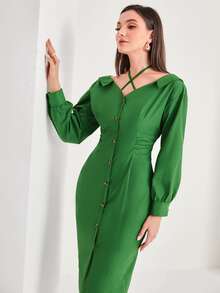 Modelyn Crisscross Tie Back Split Hem Dress - Green - View 6