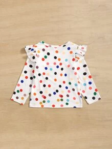 Toddler Girls Polka Dot Ruffle Trim Tee - White - View 2