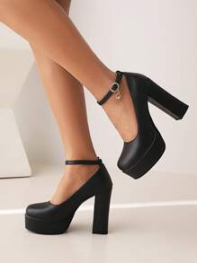 Chunky Heeled Ankle Strap Pumps - Black - View 2