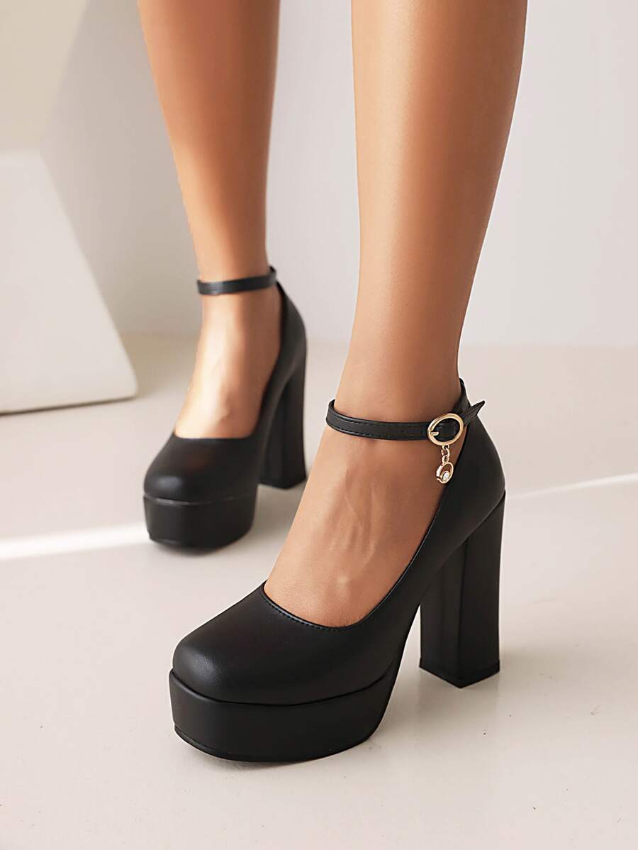 Chunky Heeled Ankle Strap Pumps - Black - View 1