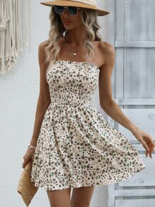 Breezaya Ditsy Floral Shirred Frilled Backless Tube Dress Vacation Beach Outfits Women