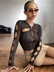 SHEIN ICON Cut Out O-ring Crop Tee - Chocolate Brown - View 1