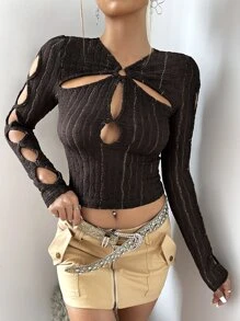 SHEIN ICON Cut Out O-ring Crop Tee - Chocolate Brown - View 3