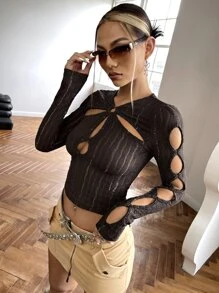 SHEIN ICON Cut Out O-ring Crop Tee - Chocolate Brown - View 5