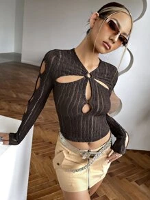 SHEIN ICON Cut Out O-ring Crop Tee - Chocolate Brown - View 6