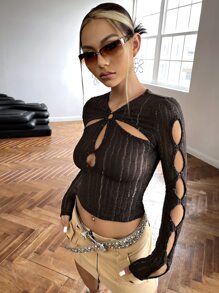 SHEIN ICON Cut Out O-ring Crop Tee - Chocolate Brown - View 7