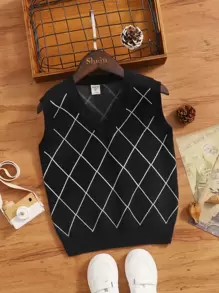 SHEIN Boys Plaid Pattern Sweater Vest - Black - View 1