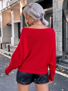 SHEIN Essnce Boat Neck Batwing Sleeve Jumper - Red - View 2