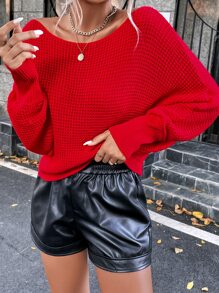 SHEIN Essnce Boat Neck Batwing Sleeve Jumper - Red - View 6