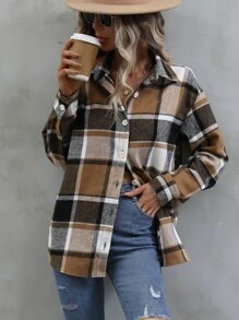 SHEIN LUNE 格子印花纽扣前开襟女式衬衫，长袖上衣