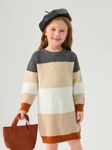 SHEIN 小女童撞色落肩袖毛衣裙 - 彩色 - 查看 2