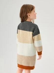 SHEIN 小女童撞色落肩袖毛衣裙 - 彩色 - 查看 3